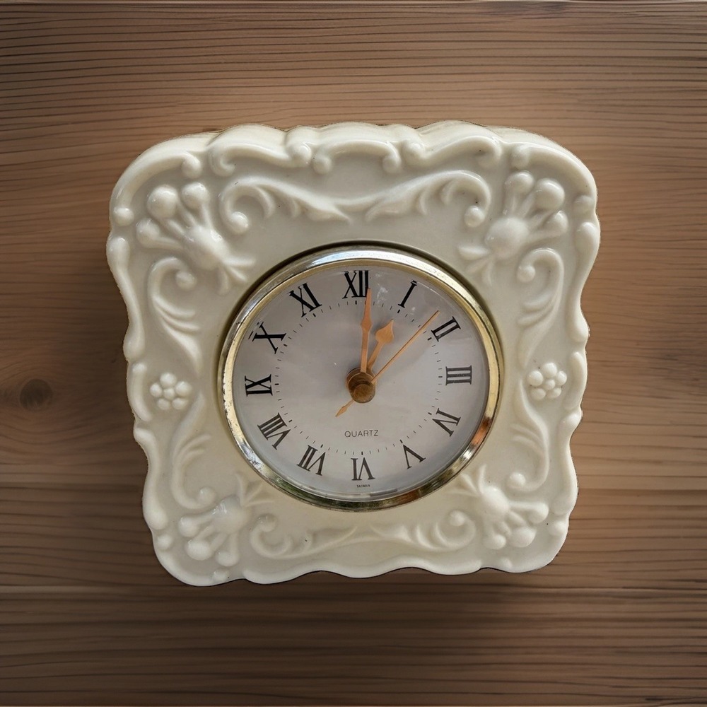 Vintage Porcelain Quartz Mantle Desk Clock White Baroque Scroll Design